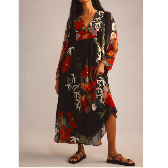 Farm Rio Long-Sleeve V-Neck Floral MaxiSz S